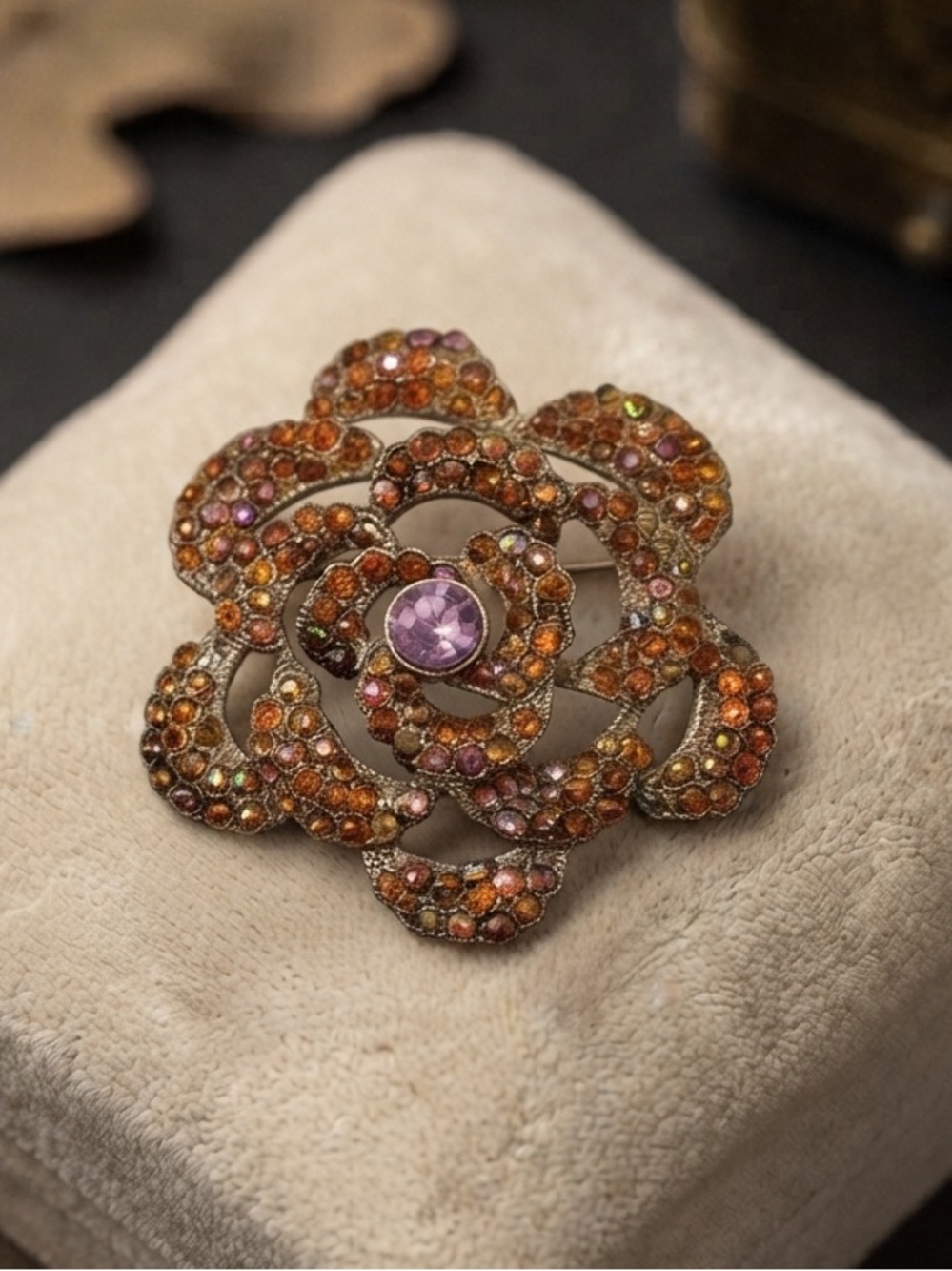 Sparkling Rose Flower Brooch Amber AB Crystal Rhinestones